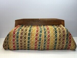 Vintage 1940s Woven Clutch Purse Wood Handle – Retro Mid-Century Evening Bag